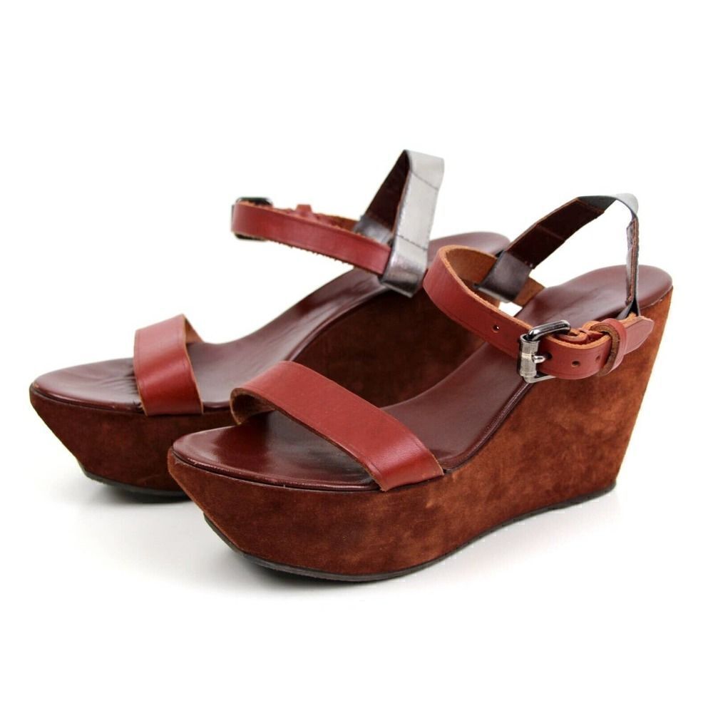Acne Italy BROWN SUEDE SILVER LEATHER OPEN TOE HIGH HEEL WEDGE SHOES Sz 40 9.5 - Picture 3 of 10